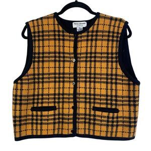 RENA ROWAN Vest Medium Vintage Lambswool Blend Knit‎ Plaid Sweater Button Down